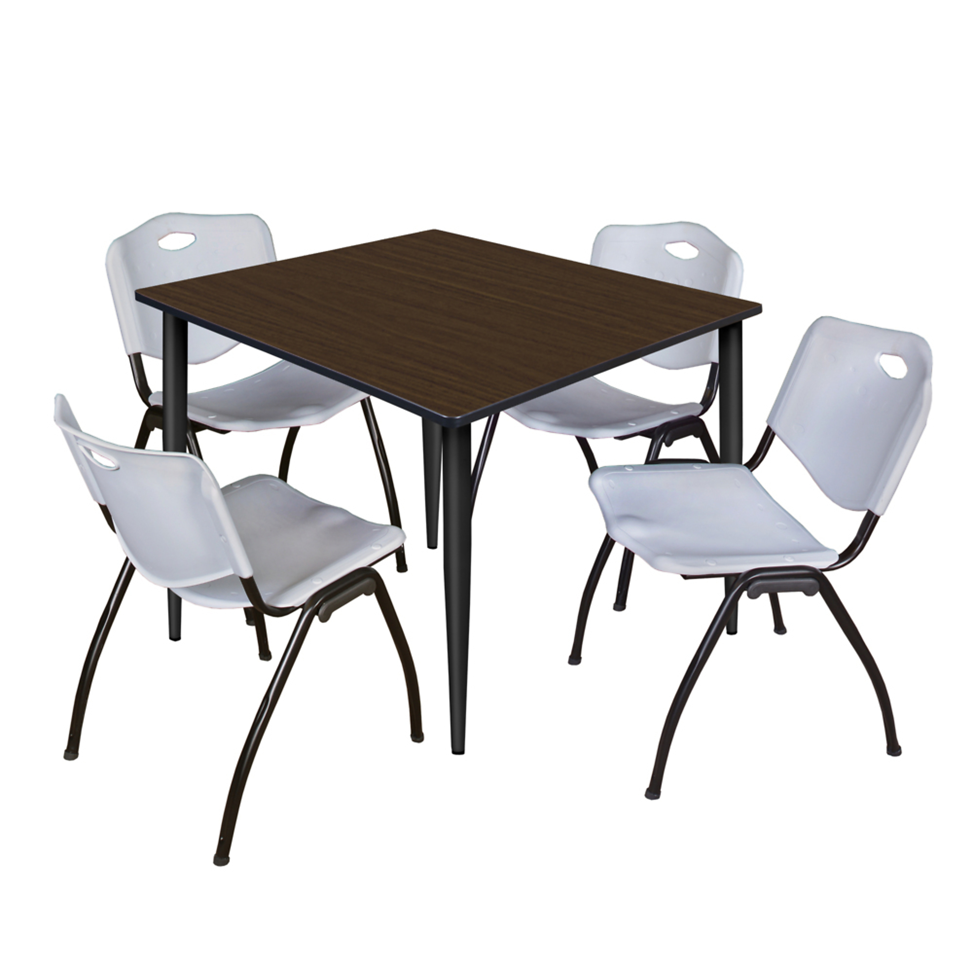 Regency Kahlo Breakroom Table Set — 48in. Square, Neo Walnut Top, Black Base, 4 Grey Stack Chairs, Model# TPL4848NWBK47GY